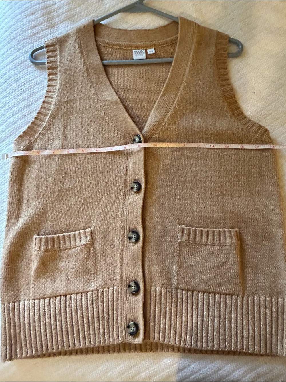 twik Tan V-Neck Button Front Knit Sweater Vest - cotton blend, size medium - Picture 8 of 13